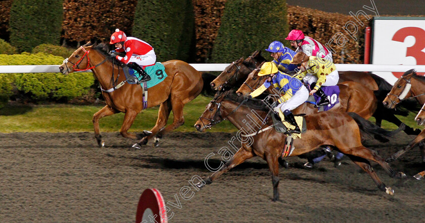 Spare-Parts-0002 
 SPARE PARTS (left, Nicola Currie) beats SHYRON (centre) in The 32Red.com Handicap Kempton 7 Mar 2018 - Pic Steven Cargill / Racingfotos.com