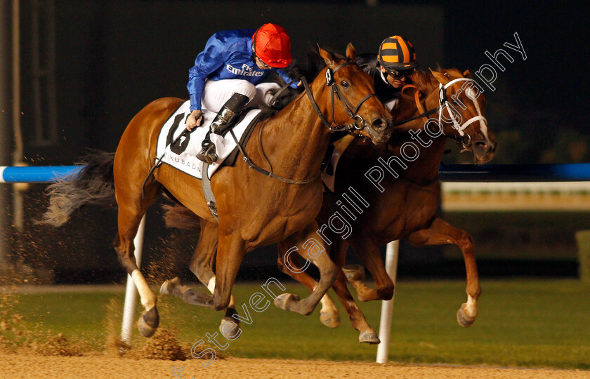 Winter-Lightning-0003 
 WINTER LIGHTNING (left, Pat Cosgrave) beats RAYYA (right) in The UAE 1000 Guineas Trial Meydan 18 Jan 2018 - Pic Steven Cargill / Racingfotos.com