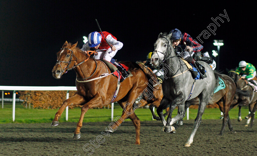 Soldier-In-Action-0002 
 SOLDIER IN ACTION (left, Jim Crowley) beats LORD GEORGE (right) in The 32Red Handicap Kempton 22 Nov 2017 - Pic Steven Cargill / Racingfotos.com