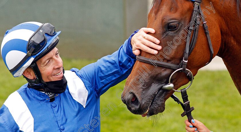 Modmin-0006 
 Jim Crowley after riding his 2000th winner in the UK aboard MODMIN in The Ladbrokes Supporting Children With Cancer UK Novice Stakes
Goodwood 30 Aug 2020 - Pic Steven Cargill / Racingfotos.com