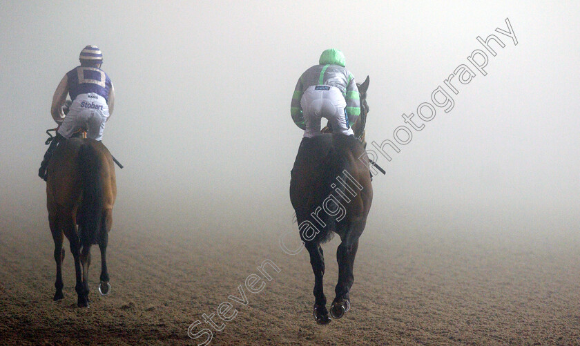 Chelmsford-0001 
 Horses canter to the start in the fog for the first race
Chelmsford 22 Feb 2019 - Pic Steven Cargill / Racingfotos.com