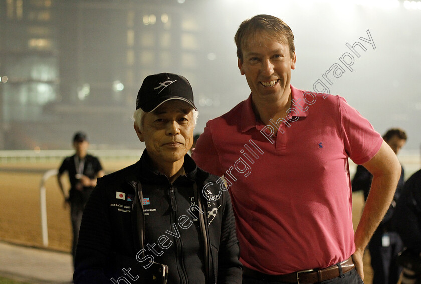 Sakae-Kunieda-and-William-Derby-0001 
 SAKAE KUNIEDA, trainer of Almond Eye, with William Derby of York Racecourse
Meydan 29 Mar 2019 - Pic Steven Cargill / Racingfotos.com