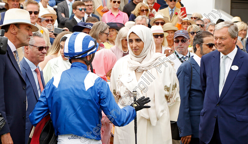 Baaeed-0017 
 Jim Crowley talks to Sheika Hissa, William Haggas, Angus Gold and Richard Hills after The Qatar Sussex Stakes won by BAAEED
Goodwood 27 Jul 2022 - Pic Steven Cargill / Racingfotos.com