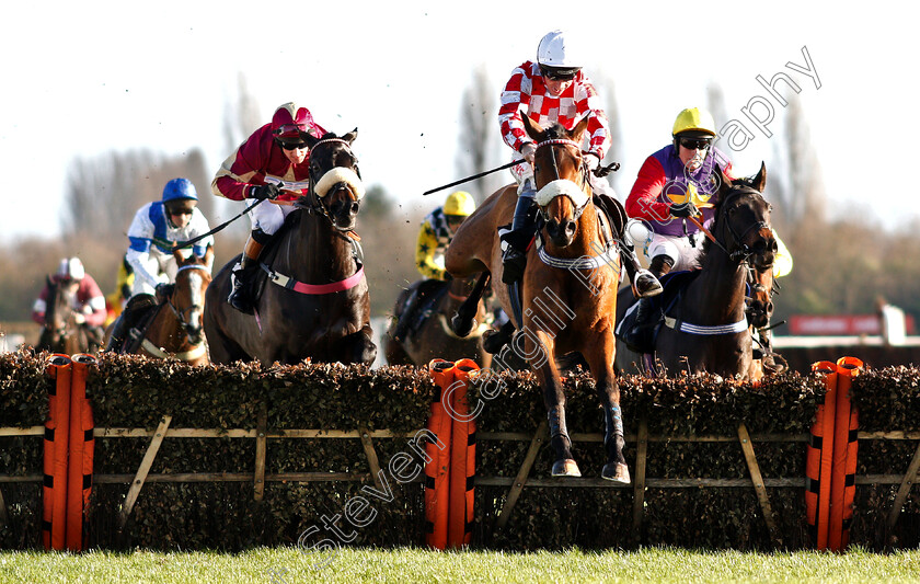 Sevarano-0003 
 BRIGHT FORECAST (blue cap, left, Nico De Boinville) comes from an impossible position at the last to catch the leader SEVARANO (Leighton Aspell) in The Ladbrokes National Hunt Maiden Hurdle
Newbury 30 Nov 2018 - Pic Steven Cargill / Racingfotos.com