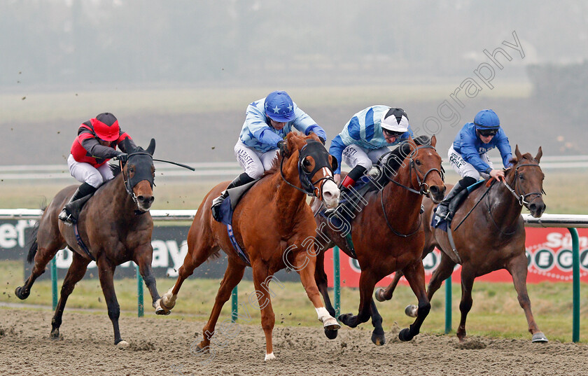 Swift-Approval-0001 
 SWIFT APPROVAL (centre, Oisin Murphy) beats MR SCARAMANGA (2nd right) in The Play Starburst Slot At sunbets.co.uk/vegas Handicap Lingfield 12 Jan 2018 - Pic Steven Cargill / Racingfotos.com