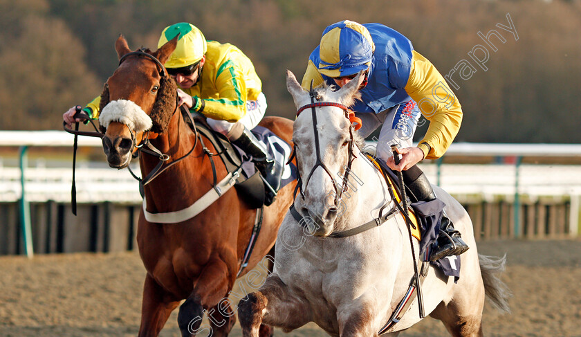 Betsalottie-0005 
 BETSALOTTIE (right, Mitch Godwin) beats MRS BURBIDGE (left) in The Betway Handicap Div1 Lingfield 16 Feb 2018 - Pic Steven Cargill / Racingfotos.com