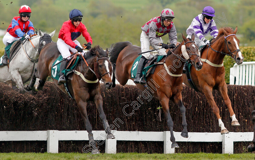 Barel-Of-Laughs-0002 
 BAREL OF LAUGHS (centre, Alex Edwards) beats KELSEY (right) and PENTIFFIC (left) in The Timico Mixed Open Gold Cup Final Hunters Chase Cheltenham 4 May 2018 - Pic Steven Cargill / Racingfotos.com