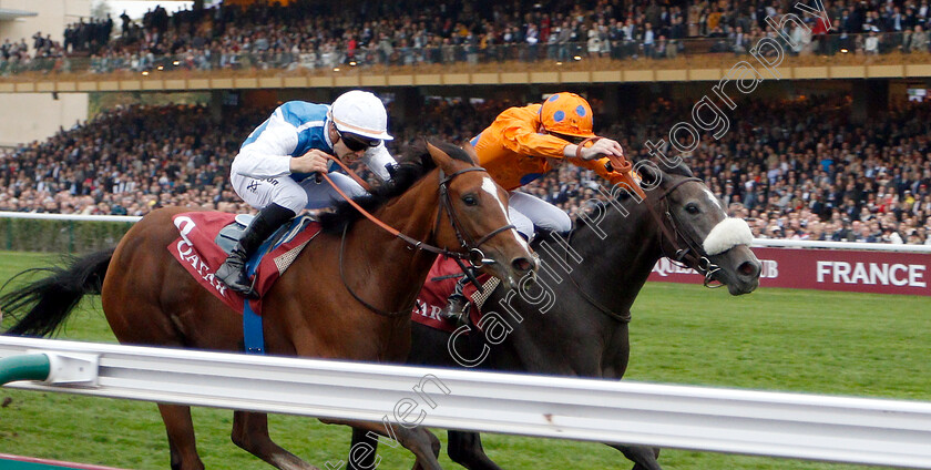 Lily s-Candle-0002 
 LILY'S CANDLE (right, Pierre-Charles Boudot) beats MATEMATICA (left) in The Qatar Prix Marcel Boussac
Longchamp 7 Oct 2018 - Pic Steven Cargill / Racingfotos.com