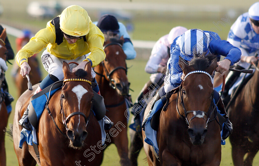 Nearooz-0007 
 NEAROOZ (left, David Egan) beats WATHEERAH (right) in The Godolphin Under Starters Orders Maiden Fillies Stakes Div1
Newmarket 12 Oct 2018 - Pic Steven Cargill / Racingfotos.com