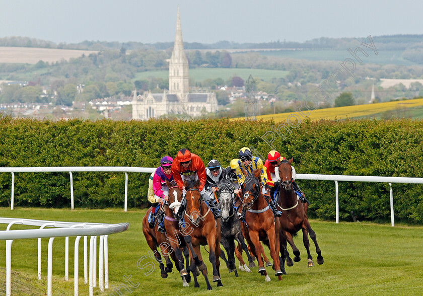 Garcon-De-Soleil-0003 
 GARCON DE SOLEIL (left, Rob Hornby) leads the field into the straight on his way to winning The Sharp's Doom Bar Handicap Div1 Salisbury 30 Apr 2018 - Pic Steven Cargill / Racingfotos.com