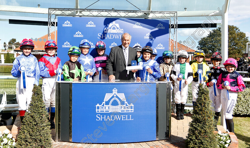 Briar-Smokey-Joe-0008 
 Presentation by Bob Champion to Zac Kent and the other riders afetr The Shetland Pony Grand National Flat Race won by BRIAR SMOKEY JOE
Newmarket 28 Sep 2018 - Pic Steven Cargill / Racingfotos.com