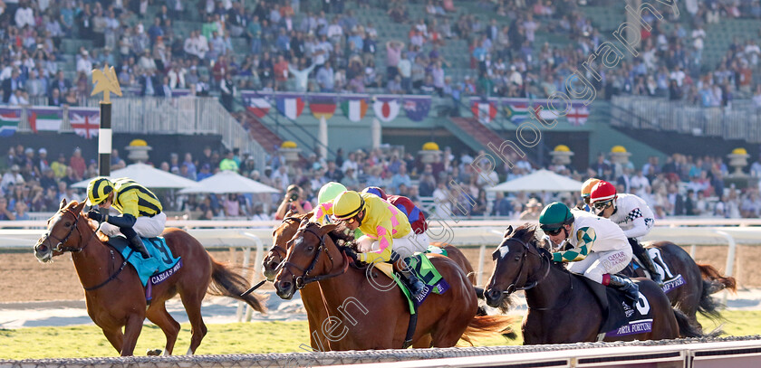 Hard-To-Justify-0007 
 HARD TO JUSTIFY (Flavien Prat) beats PORTA FORTUNA (right) and CARLA'S WAY (left) in The Breeders' Cup Juvenile Fillies Turf
Santa Anita 3 Nov 2023 - Pic Steven Cargill / Racingfotos.com