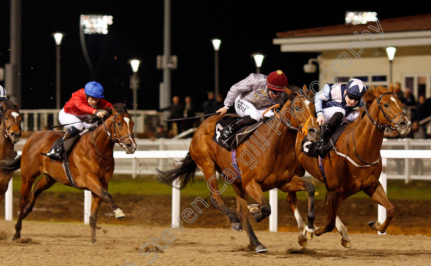 Mushtaq-0002 
 MUSHTAQ (centre, Tom Marquand) beats CHOICE ENCOUNTER (right) in The Bet toteJackpot At betfred.com EBF Novice Stakes Chelmsford 7 Dec 2017 - Pic Steven Cargill / Racingfotos.com