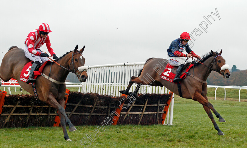 Old-Guard-0002 
 OLD GUARD (right, Bryony Frost) beats REMILUC (left) in The Ladbrokes Handicap Hurdle Newbury 2 Dec 2017 - Pic Steven Cargill / Racingfotos.com