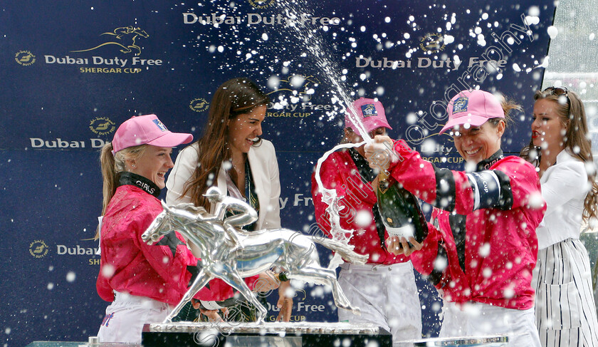 Shergar-Cup-Winners-0003 
 Presentation of the Dubai Duty Free Shergar Cup to the Girls Team, Josephine Gordon, Hollie Doyle and Hayley Turner
Ascot 11 Aug 2018 - Pic Steven Cargill / Racingfotos.com