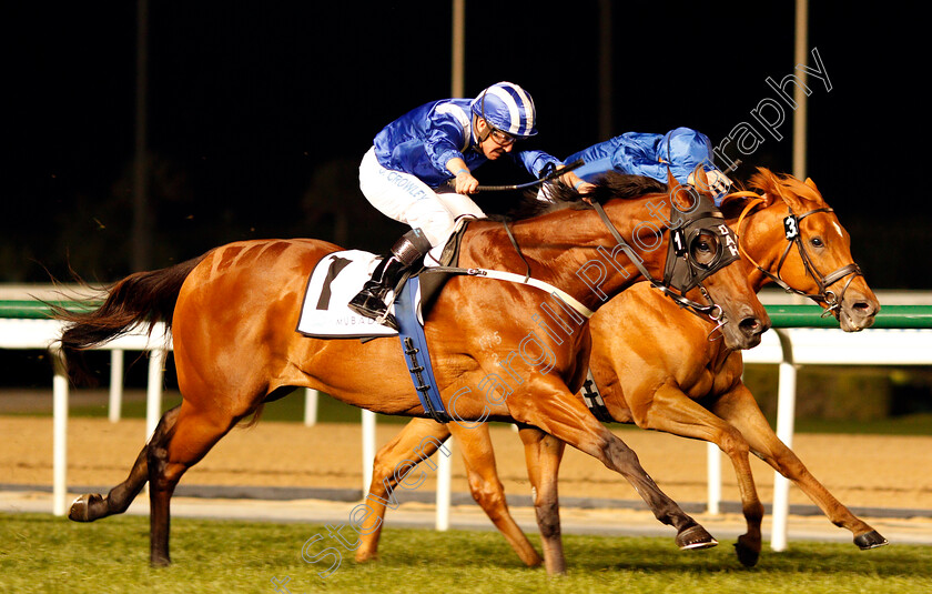 Faatinah-0003 
 FAATINAH (Jim Crowley) beats BACCARAT (right) in The Cleveland Clinic Abu Dhabi World Class Healthcare Cup Handicap Meydan 18 Jan 2018 - Pic Steven Cargill / Racingfotos.com