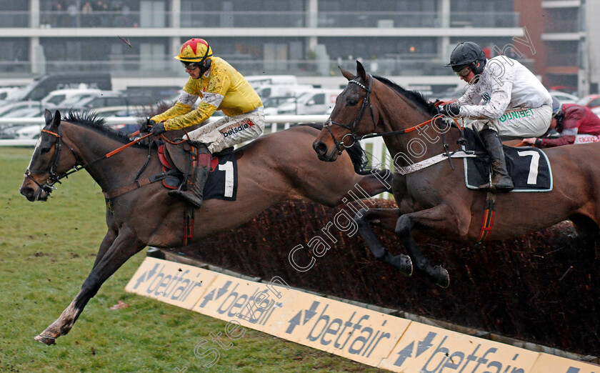 Ibis-Du-Rheu-and-Reigning-Supreme-0001 
 IBIS DU RHEU (left, Sam Twiston-Davies) jumps with REIGNING SUPREME (right) Newbury 10 Feb 2018 - Pic Steven Cargill / Racingfotos.com