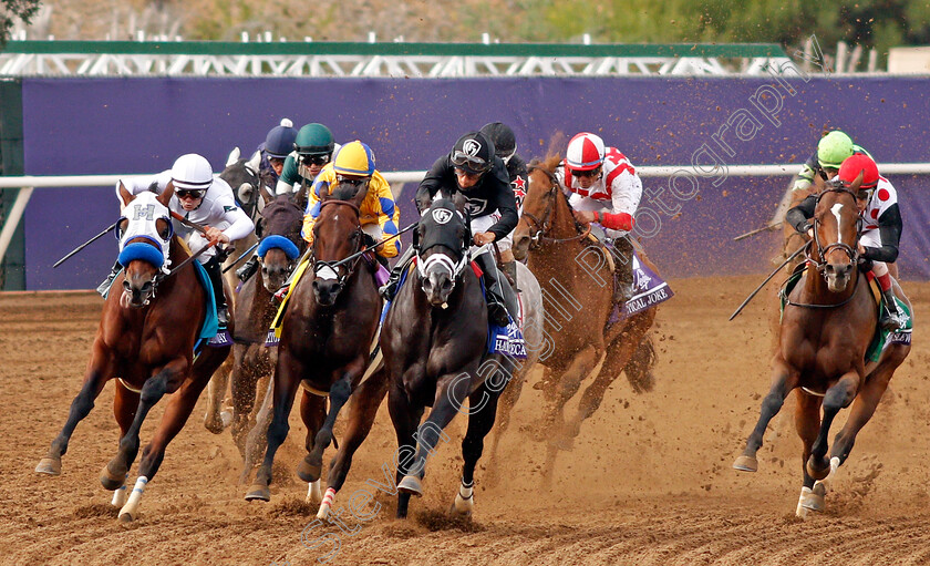 Battle-Of-Midway-0009 
 BATTLE OF MIDWAY (left, Flavian Prat) beats SHARP AZTECA (centre) in The Breeders' Cup Dirt Mile, Del Mar USA 3 Nov 2017 - Pic Steven Cargill / Racingfotos.com