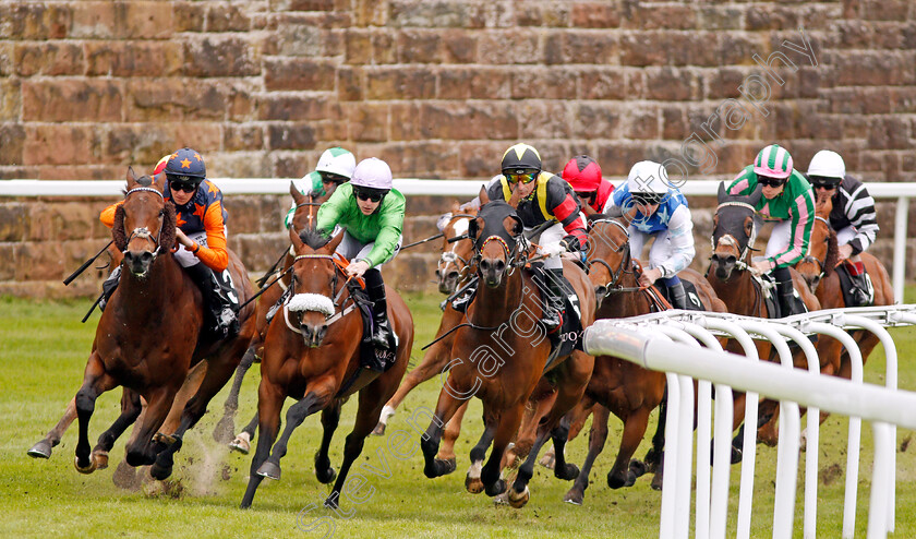 Spoof-0001 
 BIG TIME MAYBE (left) FORMIDABLE KITT (centre) and GLOBAL ACADEMY (right) lead the field into the straight for The Boodles Diamond Handicap won by SPOOF ((far right, green and pink, Callum Shepherd) Chester 9 May 2018 - Pic Steven Cargill / Racingfotos.com