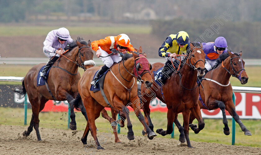 Goring-0004 
 GORING (centre, Charles Bishop) beats SURREY HOPE (2nd right) and BATTLE OF MARATHON (right) in The Play For Free At sunbets.co.uk/vegas Handicap Lingfield 13 Jan 2018 - Pic Steven Cargill / Racingfotos.com