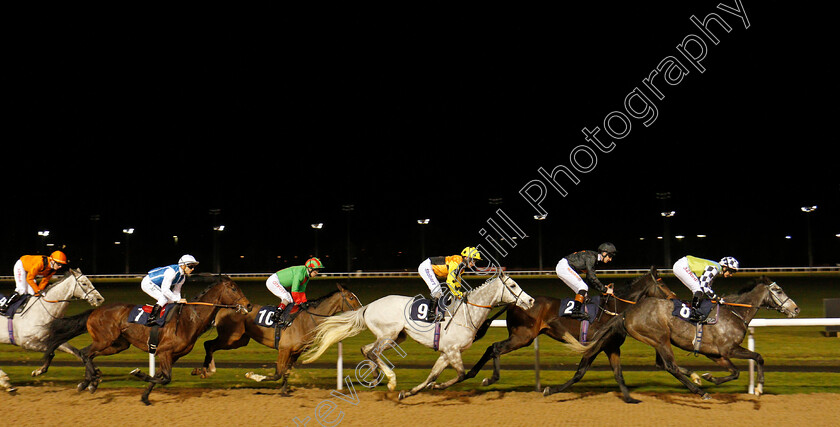 Watersmeet-0003 
 WATERSMEET (centre, Joe Fanning) tracks the leader VETTORI RULES on his way to winning The Betway Live Casino Conditions Stakes Wolverhampton 15 Jan 2018 - Pic Steven Cargill / Racingfotos.com