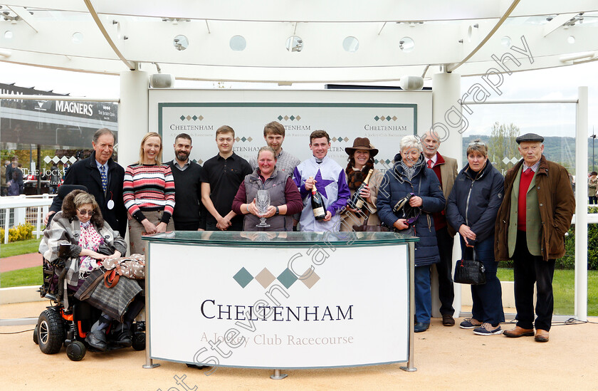 Sam-Cavallaro-0008 
 Presentation to jockey Bryan Carver and owner/trainer Heather Brookshaw and friends for The Cheltenham Club Open Hunters Chase won by SAM CAVALLARO	
Cheltenham 3 May 2019 - Pic Steven Cargill / Racingfotos.com