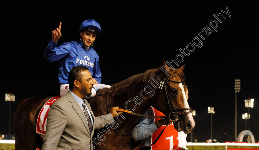 Hawkbill-0013 
 HAWKBILL (William Buick) after The Dubai City Of Gold Meydan Dubai 10 Mar 2018 - Pic Steven Cargill / Racingfotos.com