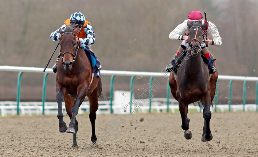 Colourful-Career-0001 
 COLOURFUL CAREER (left, Adam Kirby) beats RELEVANT (right) in The Betway Maiden Stakes Lingfield 30 Dec 2017 - Pic Steven Cargill / Racingfotos.com