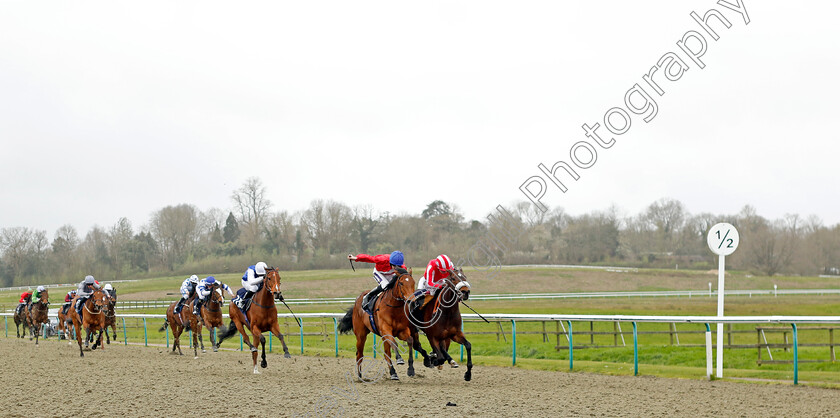 Surveyor-0005 
 SURVEYOR (2nd right, Daniel Muscutt) beats BATTLE QUEEN (right) in The Get Raceday Ready Maiden Fillies Stakes
Lingfield 4 Apr 2024 - Pic Steven Cargill / Racingfotos.com