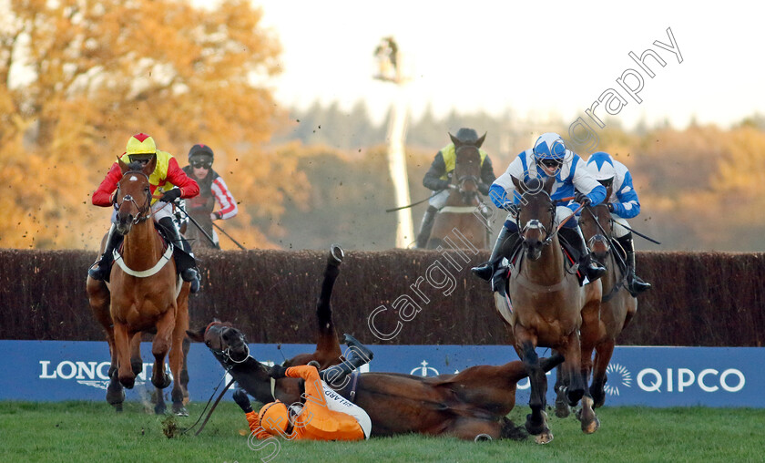 Boothill-0010 
 BOOTHILL (right, Jonathan Burke) wins The Jim Barry Wines Hurst Park Handicap Chase as SAINT SEGAL (David Noonan) falls at the last - all ok.
Ascot 25 Nov 2023 - Pic Steven Cargill / Racingfotos.com