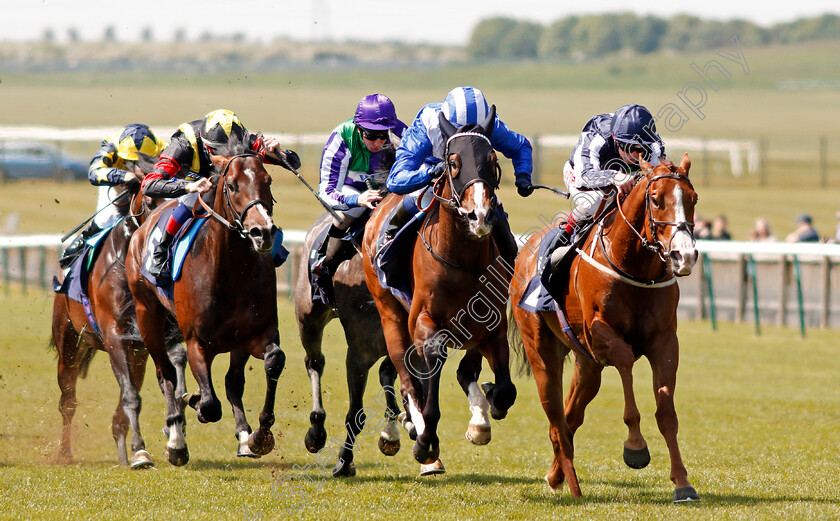 Warsaan-0001 
 WARSAAN (centre, Jim Crowley) beats AUSTIN POWERS (right) in The Rewards4racing.com Handicap Div2 Newmarket 18 May 2018 - Pic Steven Cargill / Racingfotos.com