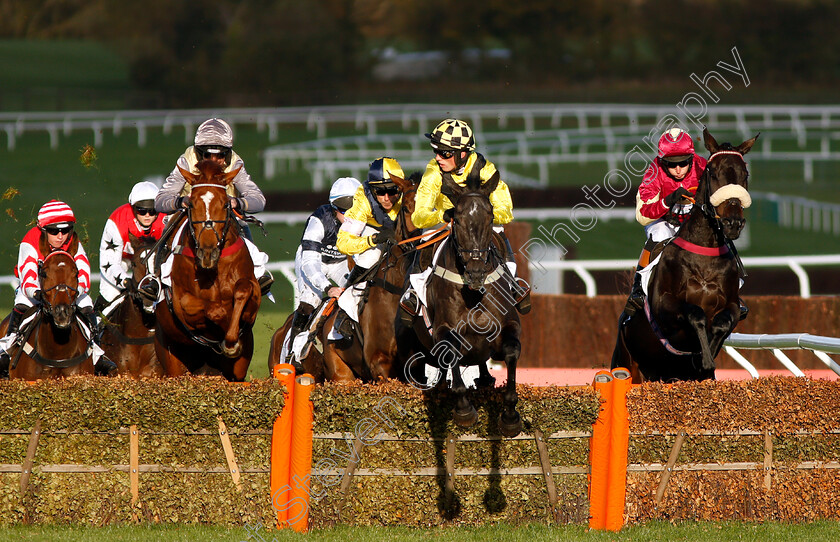 Elixir-De-Nutz-0001 
 ELIXIR DE NUTZ (centre, Harry Cobden) jumps with BANG ON FRANKIE (right) and WORLD WAR (left)
Cheltenham 26 Oct 2018 - Pic Steven Cargill / Racingfotos.com