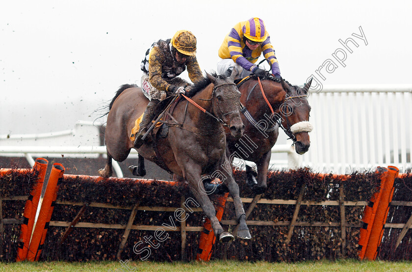 Talkischeap-0002 
 TALKISCHEAP (left, Wayne Hutchinson) beats BOOK OF GOLD (right) in The Betfair Cash Out Handicap Hurdle Newbury 10 Feb 2018 - Pic Steven Cargill / Racingfotos.com