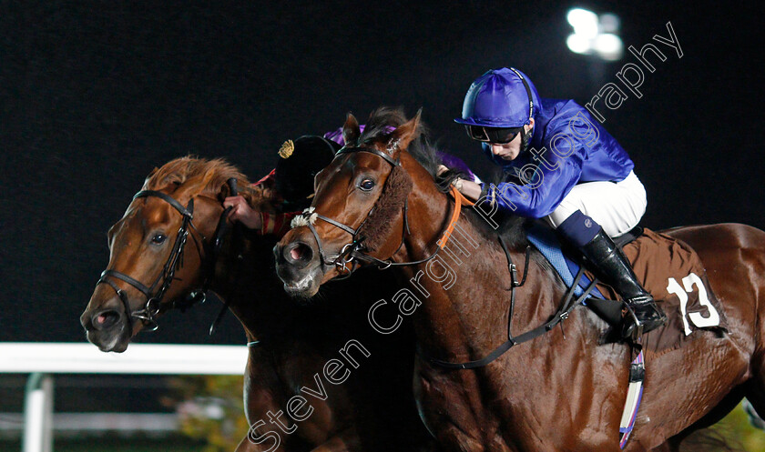 Seniority-0004 
 SENIORITY (left, James Doyle) beats ENNJAAZ (right) in The 32Red On The App Store Handicap Kempton 11 Oct 2017 - Pic Steven Cargill / Racingfotos.com