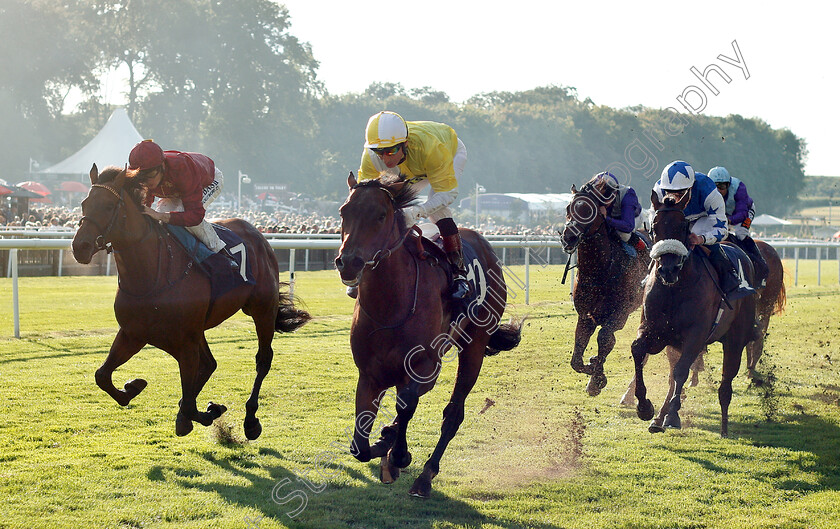 Red-Bravo-0005 
 RED BRAVO (centre, Gerald Mosse) beats KICK ON (left) in The Fly London Southend Airport To Lyon Maiden Stakes
Newmarket 10 Aug 2018 - Pic Steven Cargill / Racingfotos.com