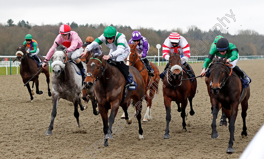 Exalted-Angel-0004 
 EXALTED ANGEL (2nd left, Clifford Lee) beats FIZZY FEET (right) and MISTY GREY (left) in The Betway Kachy Stakes
Lingfield 6 Feb 2021 - Pic Steven Cargill / Racingfotos.com