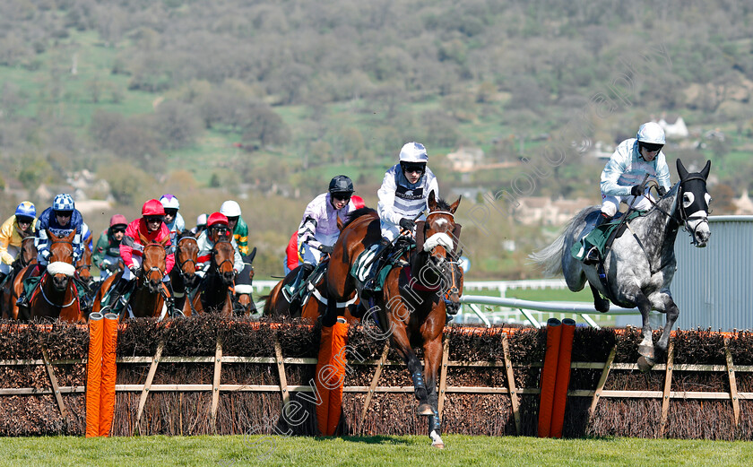 Ballymountain-Boy-and-Activial-0001 
 BALLYMOUNTAIN BOY (centre, Harry Stock) jumps with ACTIVIAL (right) Cheltenham 18 Apr 2018 - Pic Steven Cargill / Racingfotos.com