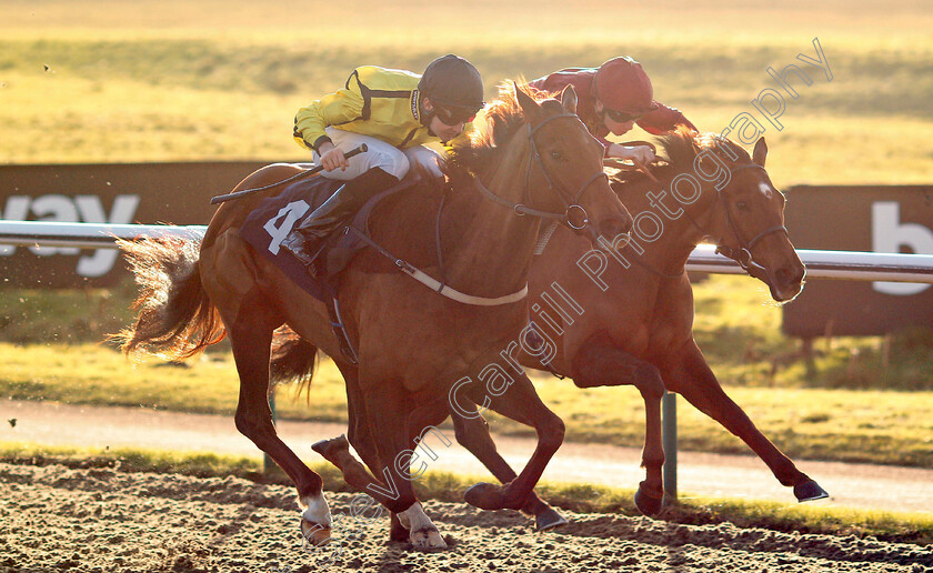 Pattie-0003 
 PATTIE (left, Charles Bishop) beats SOUL SILVER (right) in The 32Red/EBF Fillies Handicap Lingfield 10 Jan 2018 - Pic Steven Cargill / Racingfotos.com