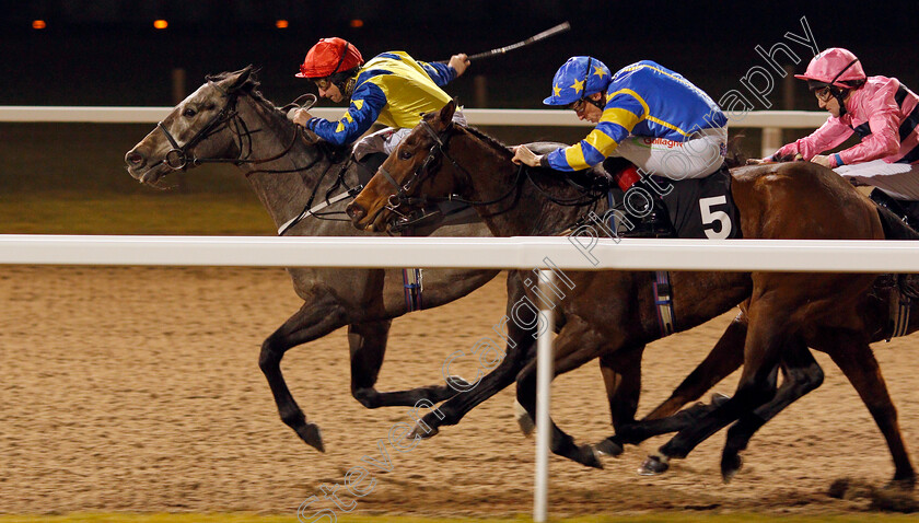 Dellaguista-0004 
 DELLAGUISTA (left, P J McDonald) beats TITAN GODDESS (right) in The Bet totequadpot At betfred.com Fillies Handicap Chelmsford 21 Dec 2017 - Pic Steven Cargill / Racingfotos.com