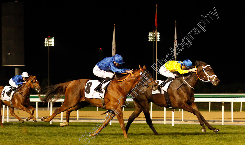 Light-The-Lights-0004 
 LIGHT THE LIGHTS (Christophe Soumillon) beats BLAIR HOUSE (centre) in The Mubadala Global Trophy Handicap Meydan 18 Jan 2018 - Pic Steven Cargill / Racingfotos.com