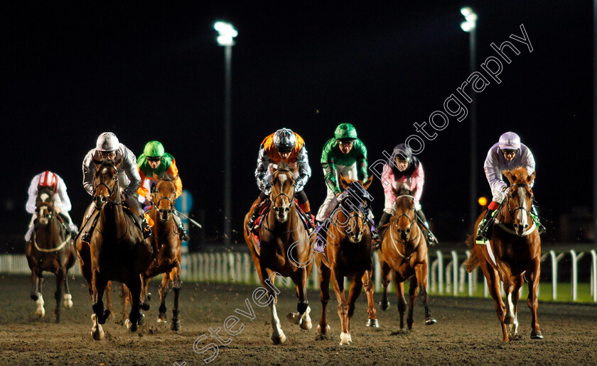 Rusper-0005 
 RUSPER (centre, Dougie Costello) beats SOD'S LAW (left) and TUM TUM (right) in The Matchbook VIP Novice Stakes Div1 Kempton 13 Dec 2017 - Pic Steven Cargill / Racingfotos.com