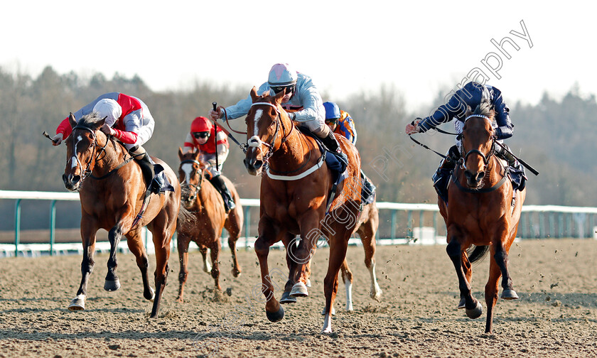 Lucky s-Dream-0001 
 LUCKY'S DREAM (centre, Richard Kingscote) beats SONGKRAN (right) and MARGARET DUMONT (left) in The Heed Your Hunch At Betway Handicap
Lingfield 27 Feb 2021 - Pic Steven Cargill / Racingfotos.com