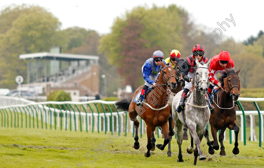 Pretty-Jewel-0004 
 LADY BERGAMOT (George Wood) leads the field during The Peter Symonds Catering Fillies Handicap won by PRETTY JEWEL (blue, Luke Catton) Salisbury 30 Apr 2018 - Pic Steven Cargill / Racingfotos.com