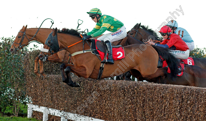 Third-Intention-0001 
 HOUBLON DES OBEAUX (red, Charlie Deutsch) beats THIRD INTENTION (green) as DOUBLE ROSS runs loose in The188bet.co.uk Veterans' Handicap Chase Sandown 12 Nov 2017 - Pic Steven Cargill / Racingfotos.com