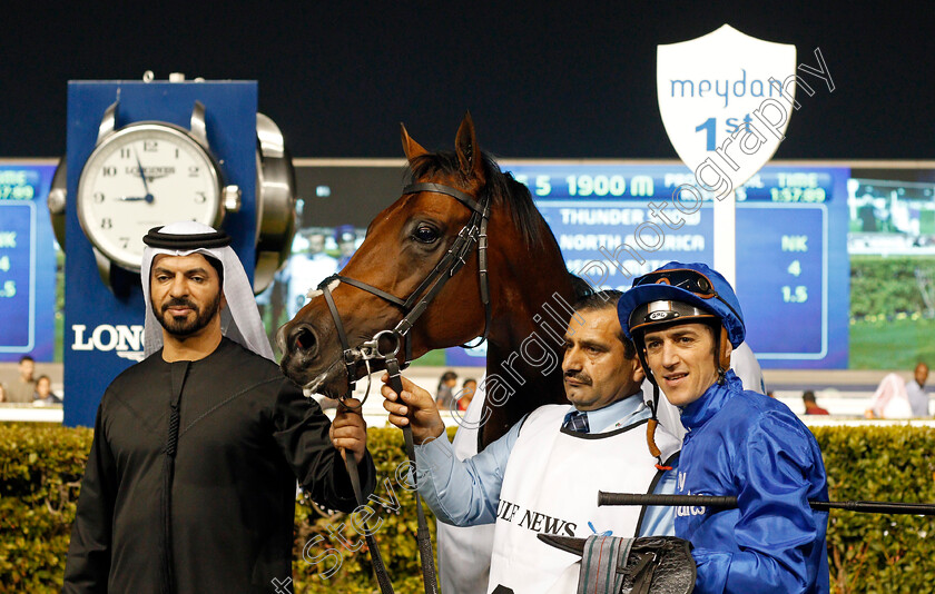 Thunder-Snow-0013 
 THUNDER SNOW (Christophe Soumillon) with Saeed Bin Suroor after winning The Al Maktoum Challenge Round 2 Meydan 8 Feb 2018 - Pic Steven Cargill / Racingfotos.com