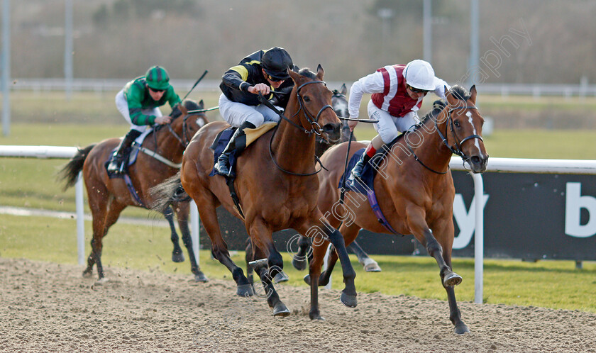 Meng-Tian-0002 
 MENG TIAN (centre, James Doyle) beats WAY TO WIN (right) in The Coral Proud To Support British Racing Handicap
Wolverhampton 12 Mar 2022 - Pic Steven Cargill / Racingfotos.com