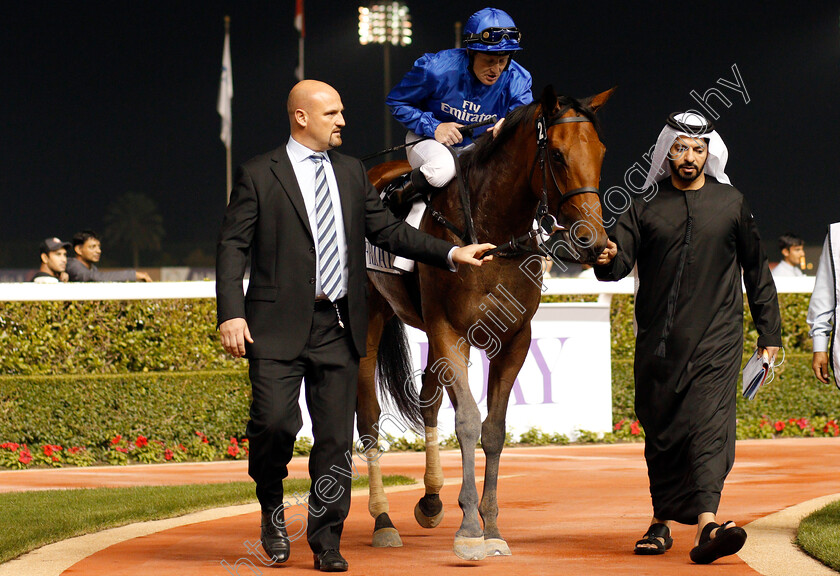 Winter-Lightning-0010 
 WINTER LIGHTNING (Pat Cosgrave) with Saeed Bin Suroor after The UAE 1000 Guineas Meydan 8 Feb 2018 - Pic Steven Cargill / Racingfotos.com