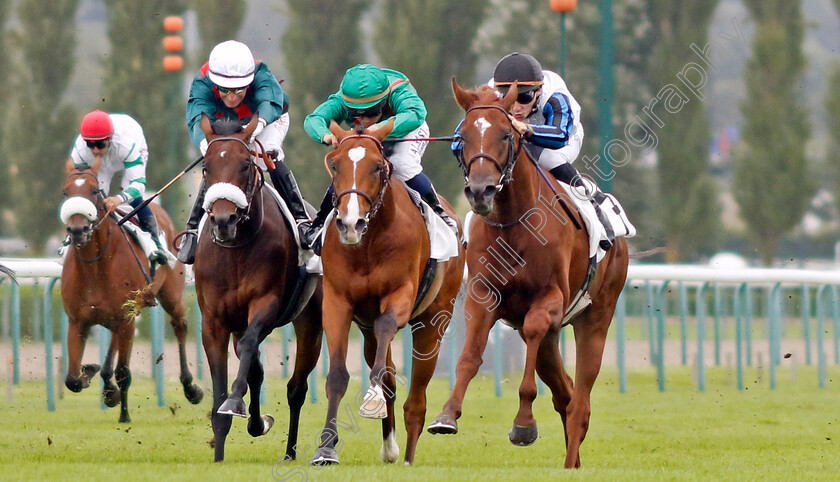 Metropolitan-0006 
 METROPOLITAN (right, A Pouchin) beats CALANDAGAN (centre) and OURO PRETO (left) in the Prix de Montaigu
Deauville 12 Aug 2023 - Pic Steven Cargill / Racingfotos.com