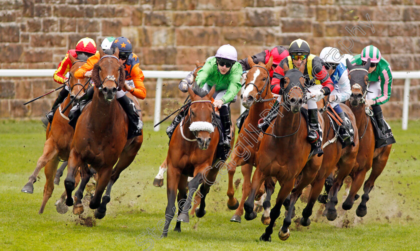 Spoof-0004 
 BIG TIME MAYBE (left) FORMIDABLE KITT (centre) and GLOBAL ACADEMY (right) lead the field into the straight for The Boodles Diamond Handicap won by SPOOF ((far right, green and pink, Callum Shepherd) Chester 9 May 2018 - Pic Steven Cargill / Racingfotos.com