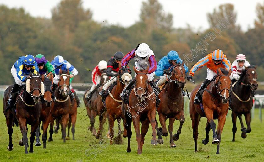 Balancing-Act-0002 
 BALANCING ACT (centre, Jack Garritty) beats CHARLES LE BRUN (right) in The Download The Mansionbet App Handicap Div2
Nottingham 14 Oct 2020 - Pic Steven Cargill / Racingfotos.com